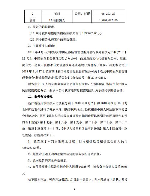 123.jpg 祥源文化:赵薇对诉讼案裁定的债务承担连带责任